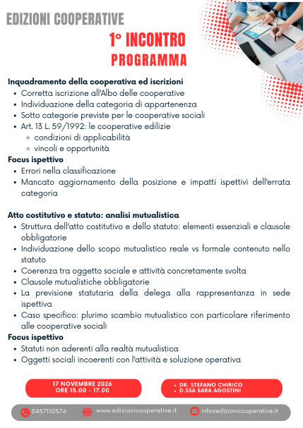1° INCONTRO: MARTEDI’ 17 NOVEMBRE 2026 ORE 15.00-17.00